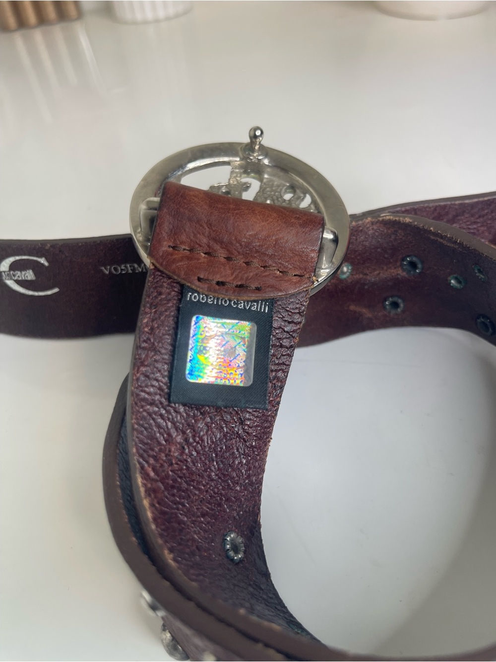 Roberto Cavalli Dark Brown Leather Belt with Silver Round Buckle